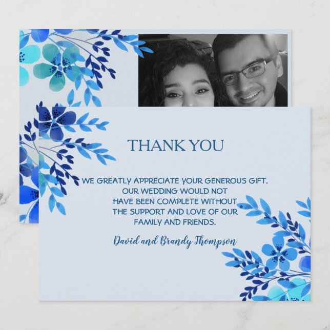 Blue Watercolor Floral Wedding Thank You Note Card (Front/Back)