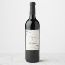 Blue Watercolor Floral Wedding Wine Bottle Label