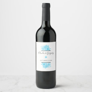 Blue Watercolor Floral Wedding Wine Label