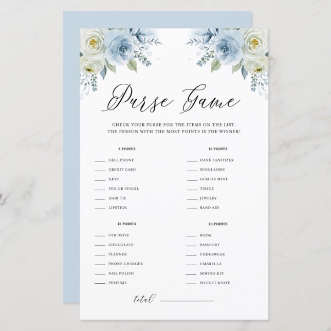 Blue Watercolor Floral What's in Your Purse Game (Front/Back)