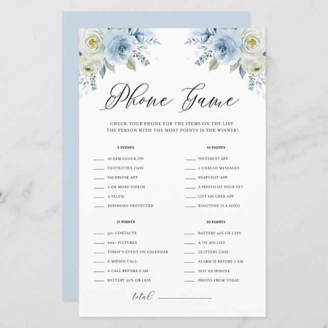 Blue Watercolor Floral What's on Your Phone Game (Front/Back)