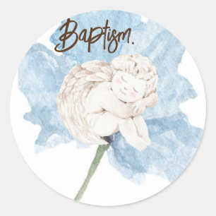 Blue Watercolor Floral White Child Angel Baptism  Classic Round Sticker