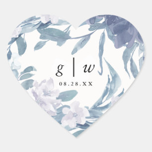 Blue Watercolor Floral with Monogram Wedding Date Heart Sticker