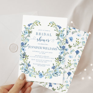 Blue watercolor floral wreath boho bridal shower invitation