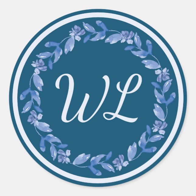 Blue Watercolor Floral Wreath Monogrammed Classic Round Sticker (Front)