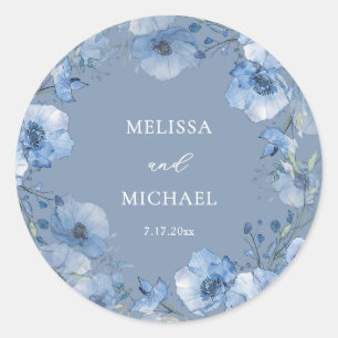 Blue Watercolor Floral Wreath Wedding Classic Round Sticker