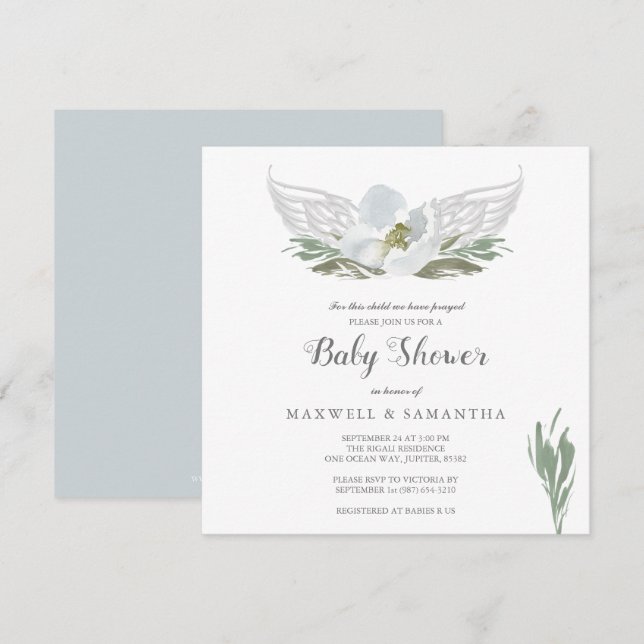 Blue Watercolor Florals Angel Wings Baby Shower Invitation (Front/Back)
