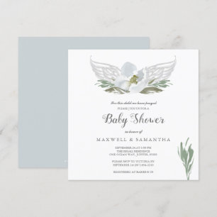 Blue Watercolor Florals Angel Wings Baby Shower Invitation