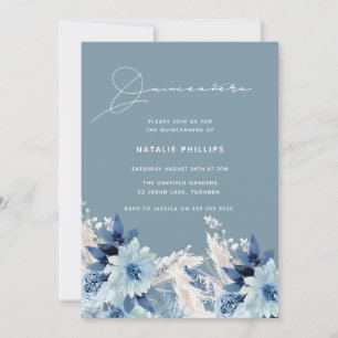 Blue Watercolor Florals Modern Quinceañera Party Invitation