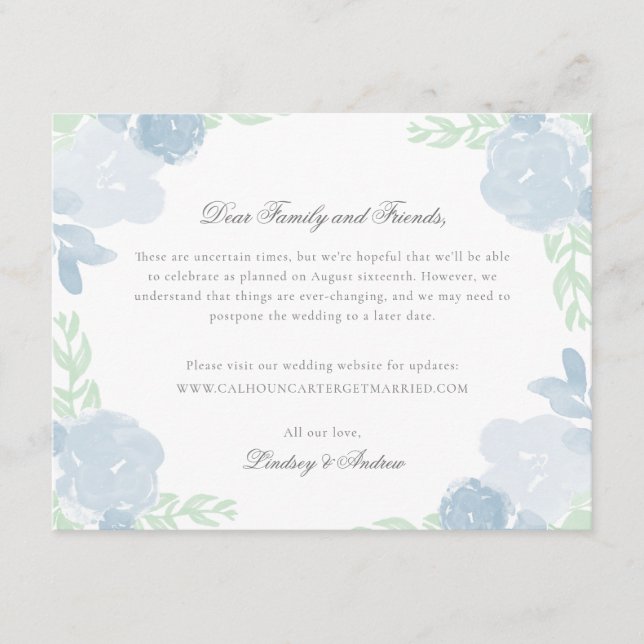 Blue Watercolor Florals Wedding Postponement Card (Front)