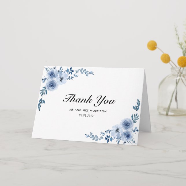 blue watercolor florals wedding thank you card (Front)