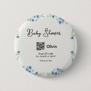Blue watercolor flower baby shower scan QR RSVP pa 6 Cm Round Badge