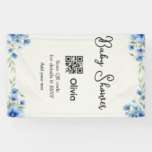 Blue watercolor flower baby shower scan QR RSVP pa Banner
