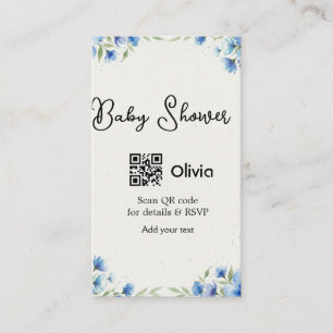 Blue watercolor flower baby shower scan QR RSVP pa Business Card