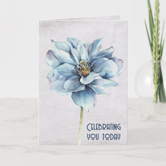 Blue Watercolor Flower Birthday Card (Front)