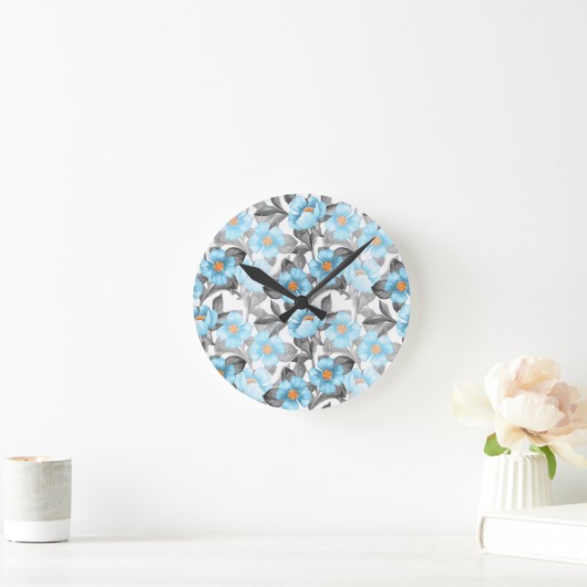 Blue Watercolor Flower - Botanical Floral Round Clock (Home)