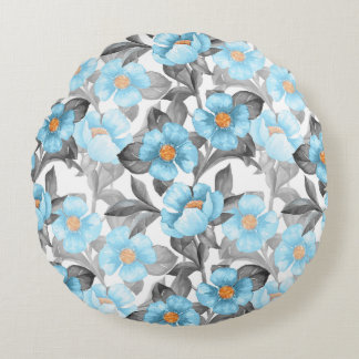 Blue Watercolor Flower - Botanical Floral Round Cushion