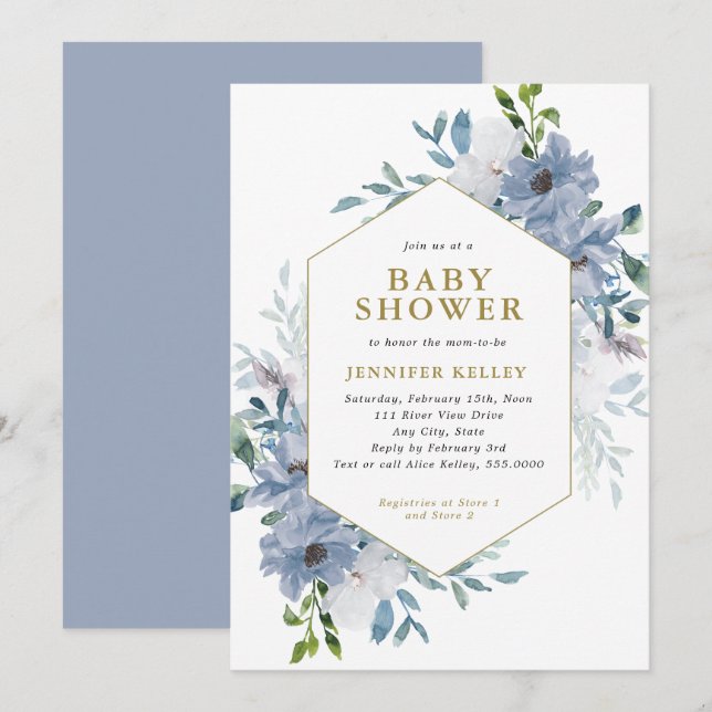 Blue Watercolor Flower Bouquet Baby Shower Invitation (Front/Back)