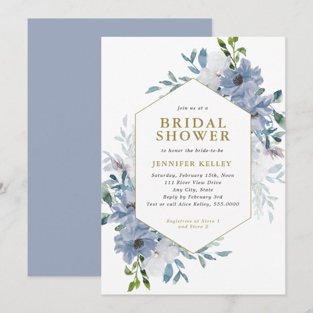 Blue Watercolor Flower Bouquet Bridal Shower Invitation (Front/Back)