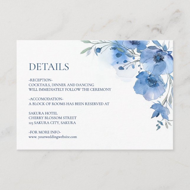 Blue Watercolor Flower Details Enclosure Card (Front)
