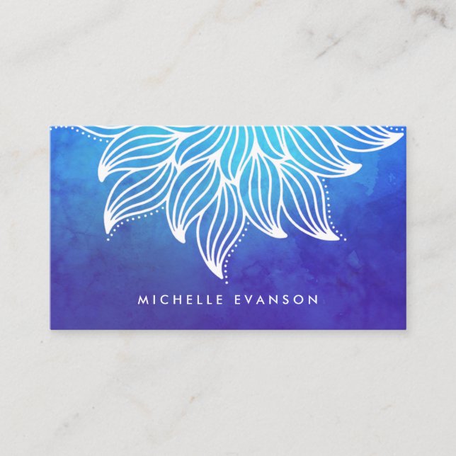 Blue Watercolor Flower Mandala Business Card (Front)