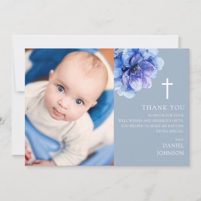 Blue Watercolor Flower Photo Baptism Christening Thank You Card (Front)