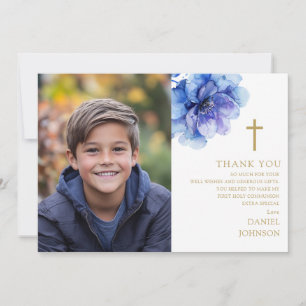 Blue Watercolor Flower Photo First Holy Communion Thank You Card