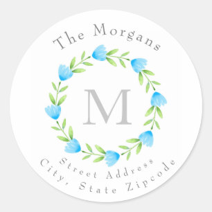 Blue Watercolor Flower Stem Wreath Labels