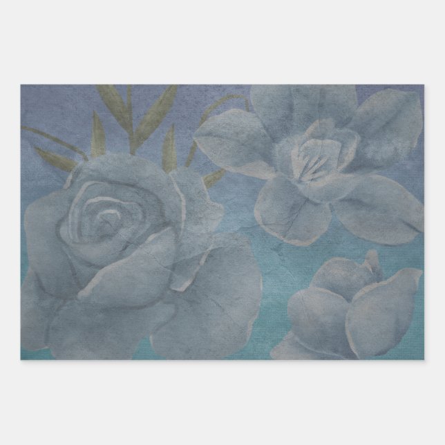 Blue Watercolor Flower Textural Decoupage Design Wrapping Paper Sheet (Front)