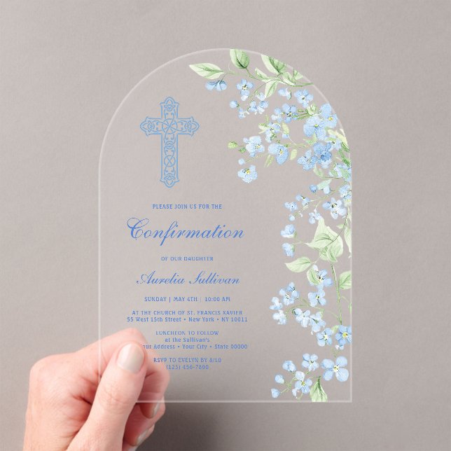 Blue Watercolor Flowers Arch Confirmation Acrylic Invitations (Insitu (Handheld))