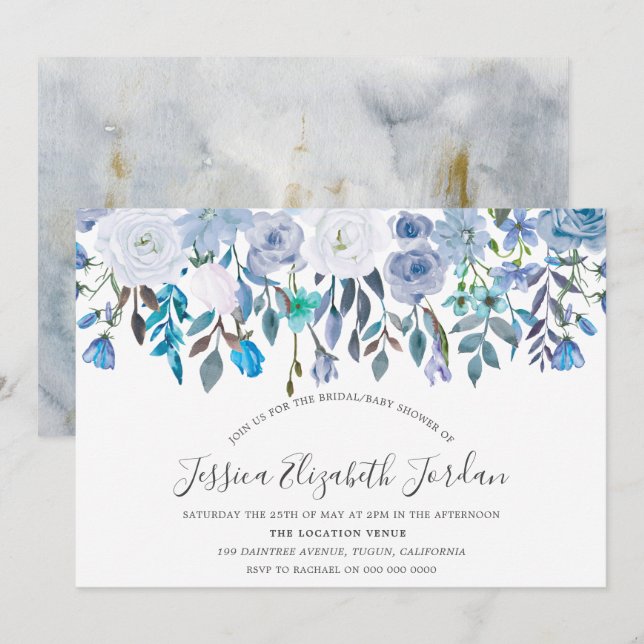 Blue Watercolor Flowers Baby or Bridal Shower Invitation (Front/Back)