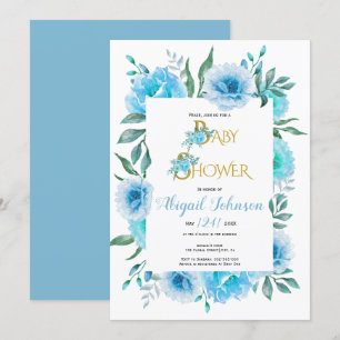 Blue watercolor flowers baby shower for boys invitation