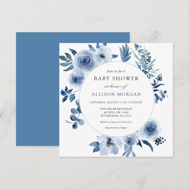 Blue Watercolor Flowers Baby Shower Invitation (Front/Back)