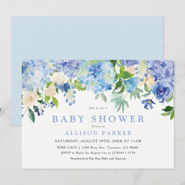 Blue Watercolor Flowers Baby Shower Invitation (Front/Back)