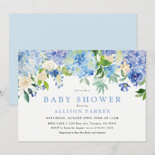 Blue Watercolor Flowers Baby Shower Invitation