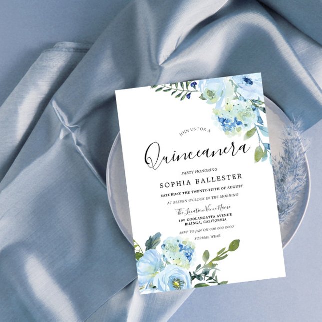 Blue Watercolor Flowers Beautiful Quinceanera Invitation (Creator Uploaded)
