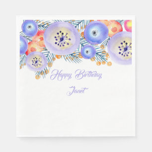 Blue Watercolor Flowers Birthday Napkin