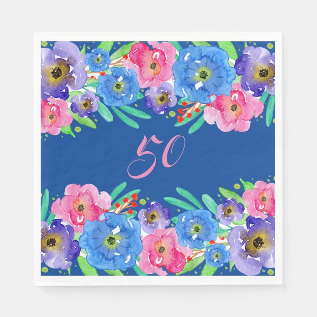 Blue Watercolor Flowers Birthday Napkin (Front)