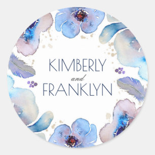 Blue Watercolor Flowers Boho Feathers Wedding Classic Round Sticker