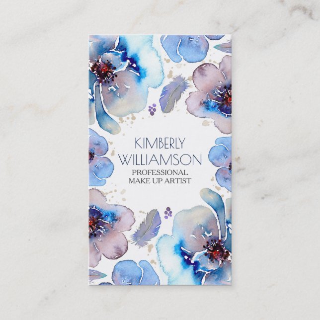 Blue Watercolor Flowers Boho Feathers Wreath Business Card (Front)