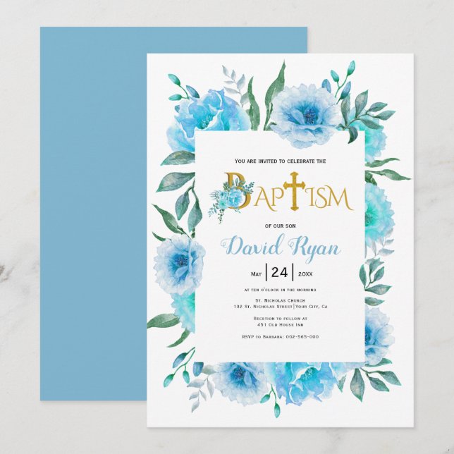 Blue watercolor flowers boy floral baptism invitation (Front/Back)