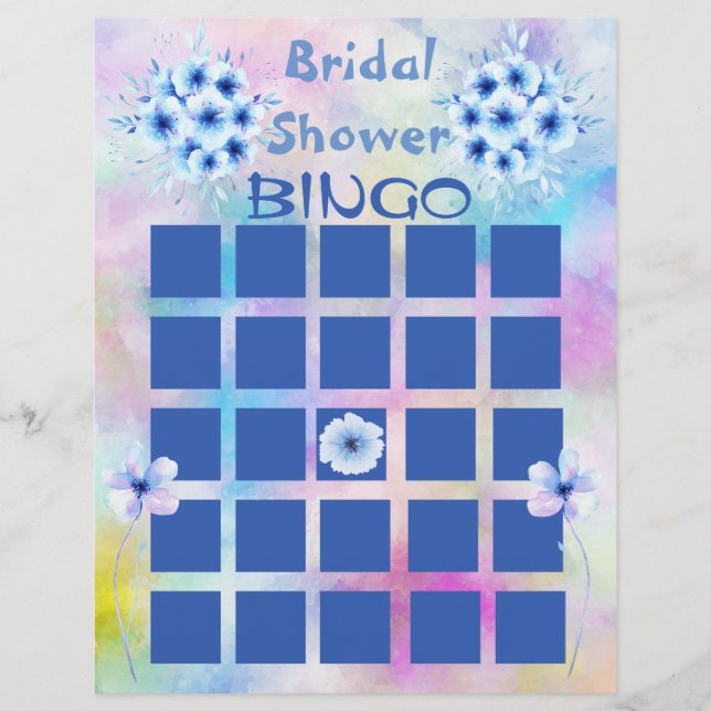 Blue Watercolor Flowers Bridal Shower Bingo Flyer (Front)