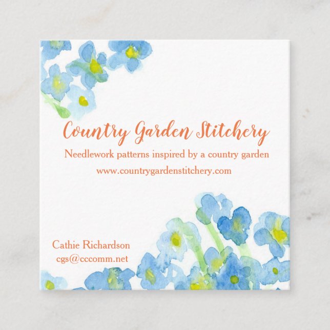 Blue Watercolor Flowers Butterfly Square Business Card (Front)