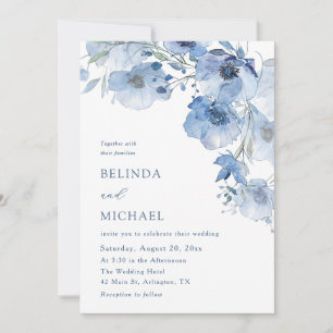 Blue Watercolor Flowers Casual Wedding Invitation