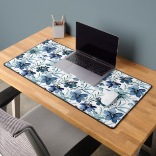 Blue Watercolor Flowers Desk Mat
