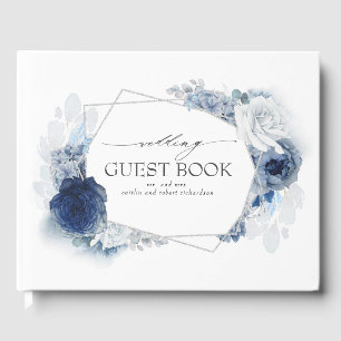 Blue Watercolor Flowers Elegant Silver Wedding Guest Book