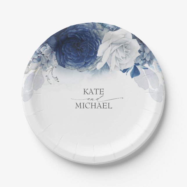 Blue Watercolor Flowers Elegant Wedding Paper Plate (Front)