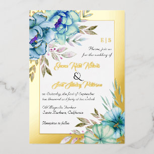 Blue watercolor flowers floral wedding gold