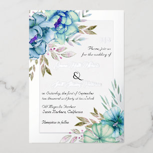 Blue watercolor flowers floral wedding silver
