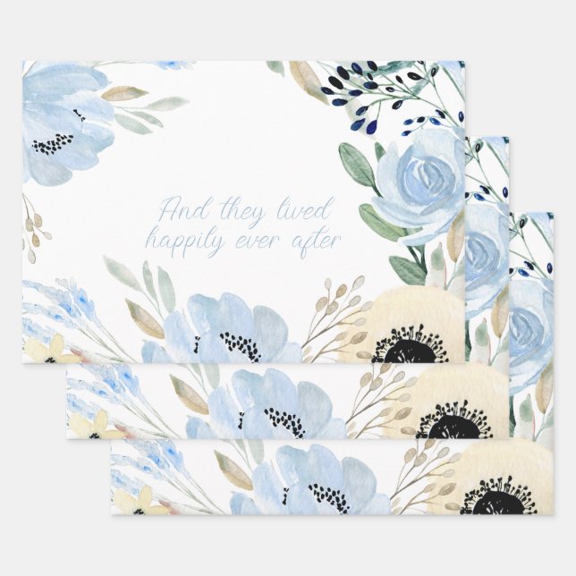 Blue Watercolor Flowers Frame Personalised  Wrapping Paper Sheet (Set)